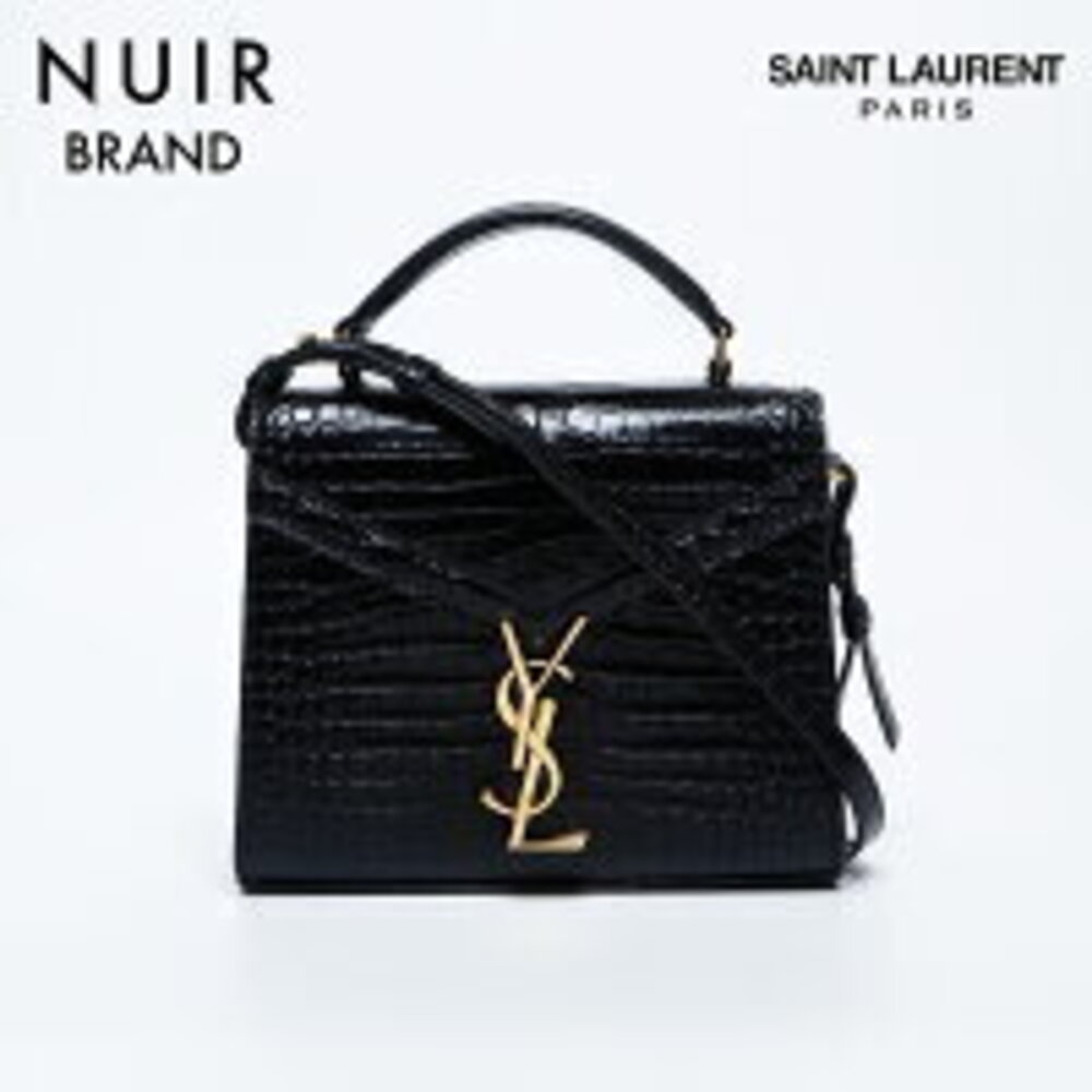 Yves Saint Laurent Cassandra Top Handle Embossed Enamel Shoulder Bag Black